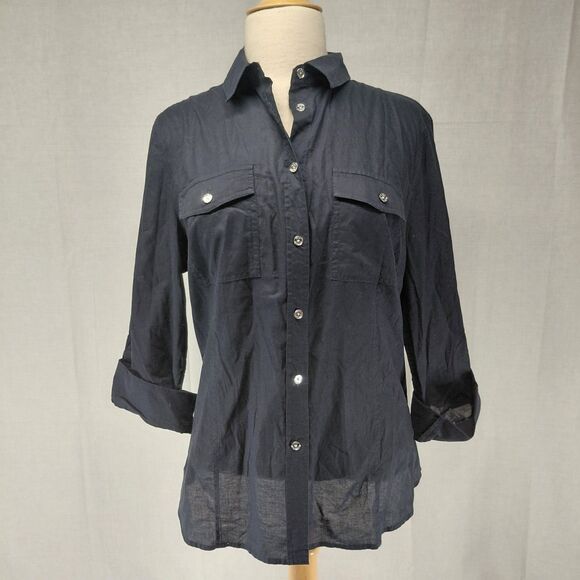 Michael Kors Tops - Michael Kors Button-up Rolled Sleeve Blouse Navy Silver Buttons Sz XL